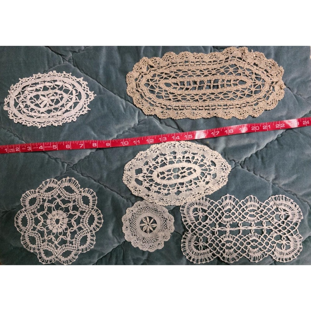 Lot 6 Vintage Handmade Crochet Lace Doilies Oval Round Ecru Cottage Farmhouse